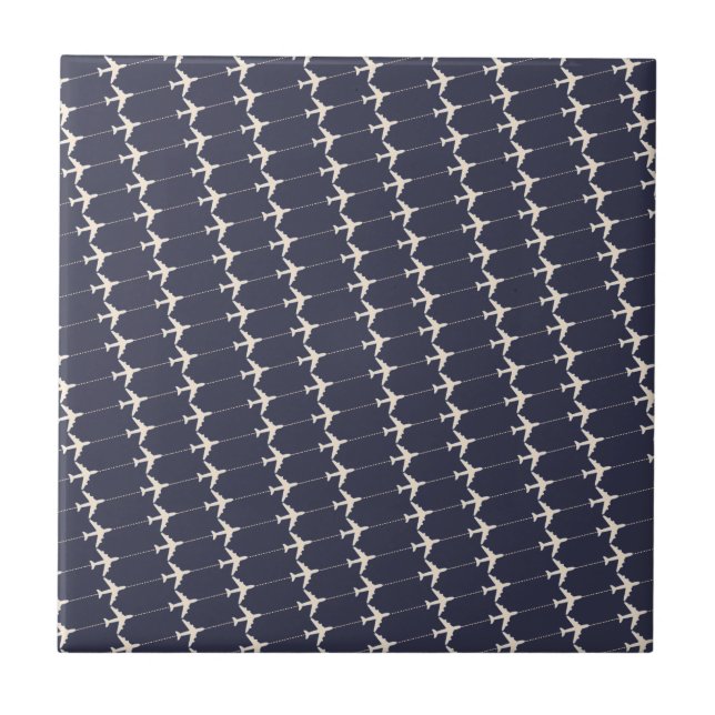 Small White Airplanes pattern allover blue Ceramic Tile (Front)