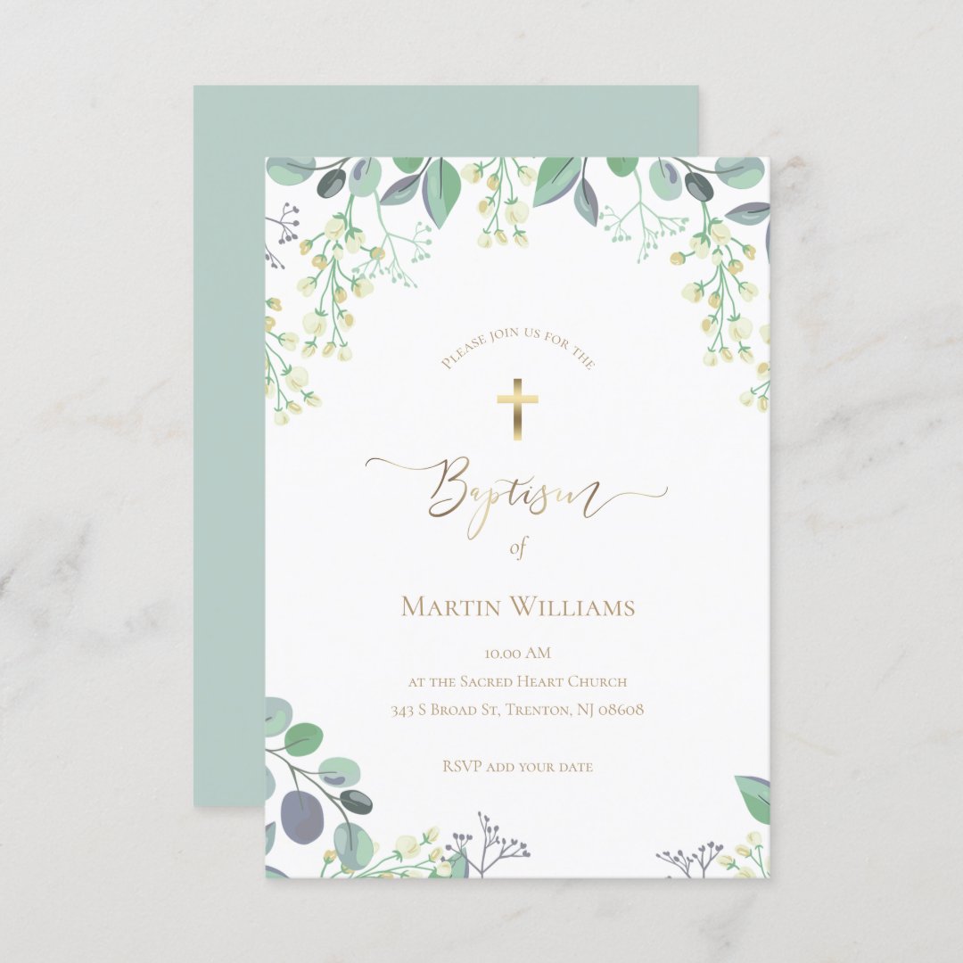 small white flowers and greenery frame | Baptism Invitation | Zazzle