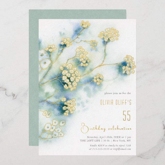 Small White Flowers Birthday Any Age Foil Invitation (Front/Back)