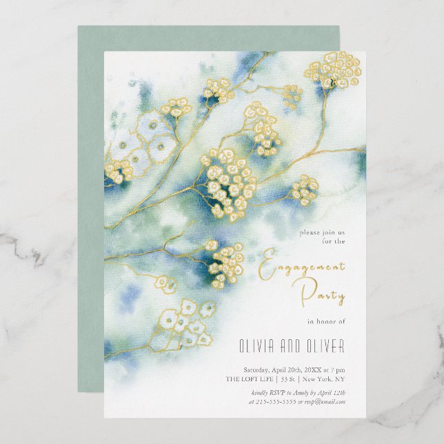 Small White Flowers Engagement Party Foil Invitation (Front/Back)