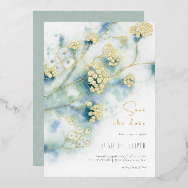Small White Flowers Save The Date Foil Invitation (Front/Back)