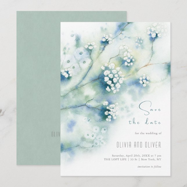 Small White Flowers Save The Date Invitation (Front/Back)
