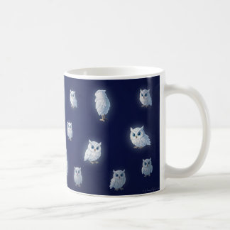 Small white owls on a dark blue background coffee mug