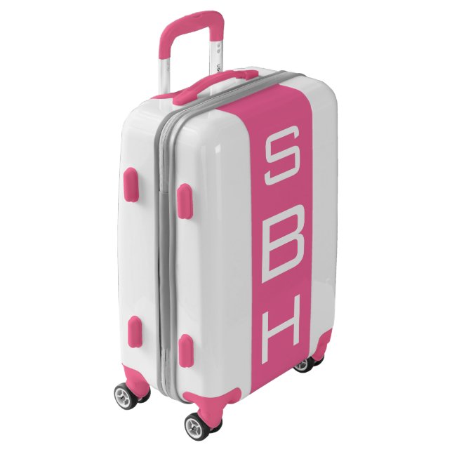 SMALL White + Pink Monogrammed Carry On Luggage (Rotated Left)