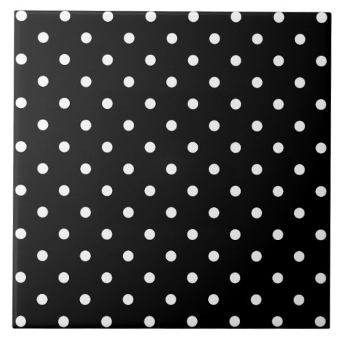 Small White Polka dots black background Ceramic Tile