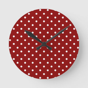 Small White Polka dots cherry red background Round Clock