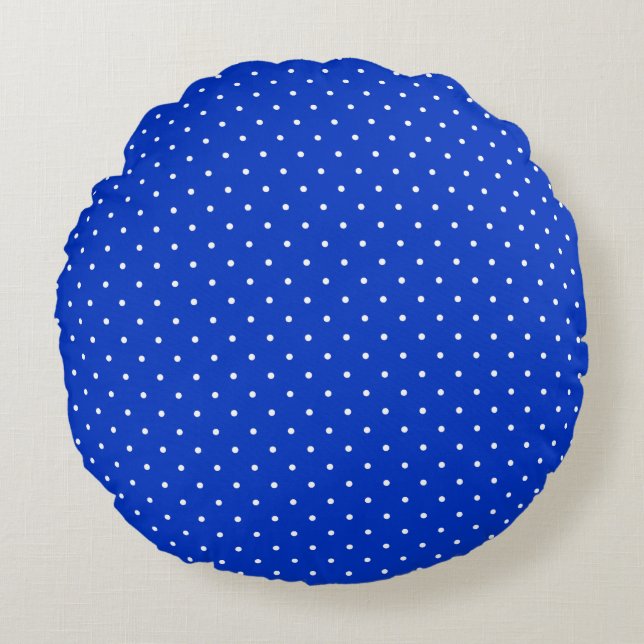 Small White Polkadots on Cobalt Blue Round Pillow (Front)