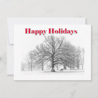 Small Winter Scene Holiday Card White Bow (Flat)