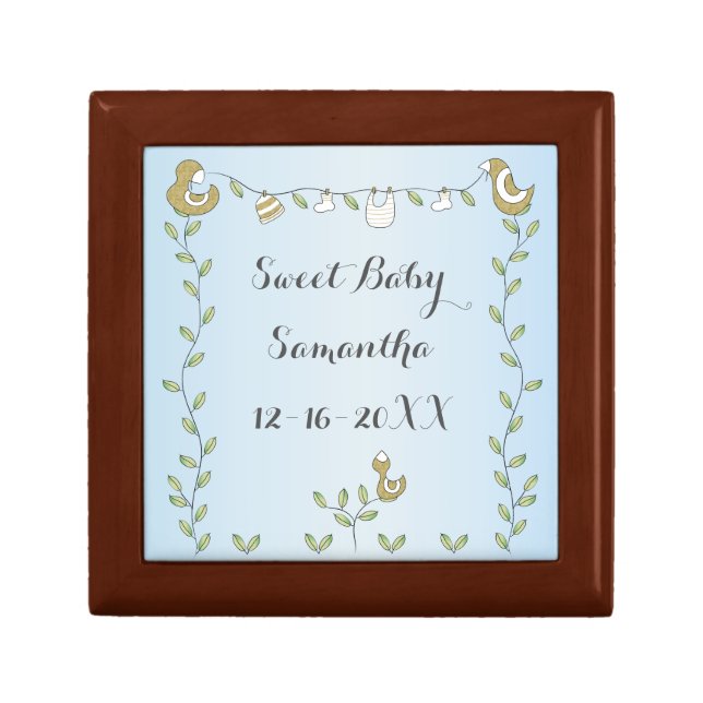 Small Wood Keepsake Box Blue "Gold Birds" (Front)