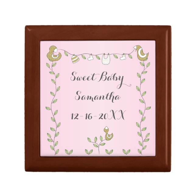 Small Wood Keepsake Box Pink "Gold Birds" (Front)