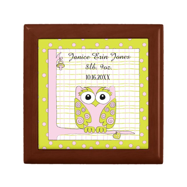 Small Wood Keepsake Box "Pink Owl in a Tree" (Front)