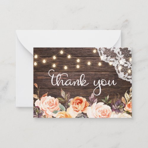 Small Wood Lace Blush  Peach Floral Thank You Note Card