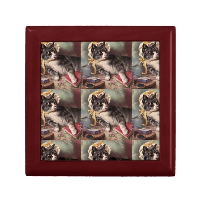 Small Wooden Jewelry Keepsake Box Kitty Bonnet  (Front)