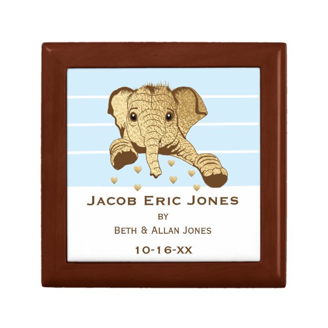 Small Wooden Keepsake Box Blue Gold Elephant (Front)