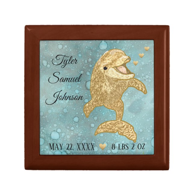Small Wooden Keepsake Box "Gold Dolphin Baby" (Front)