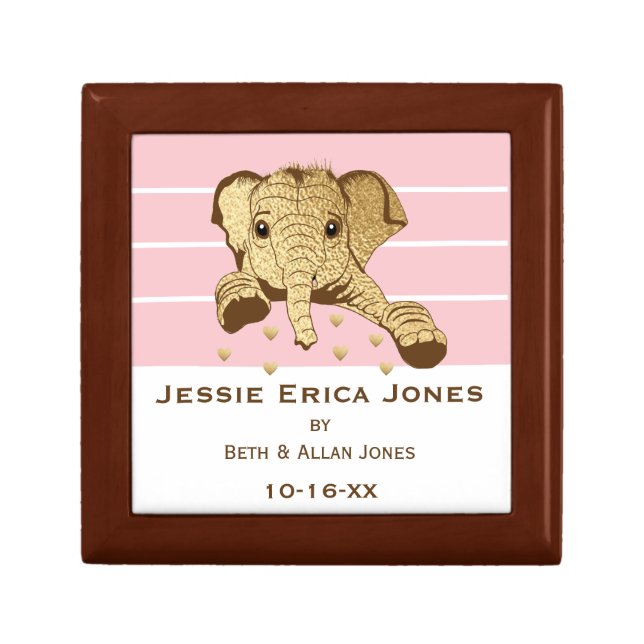 Small Wooden Keepsake Box Pink Gold Elephant (Front)