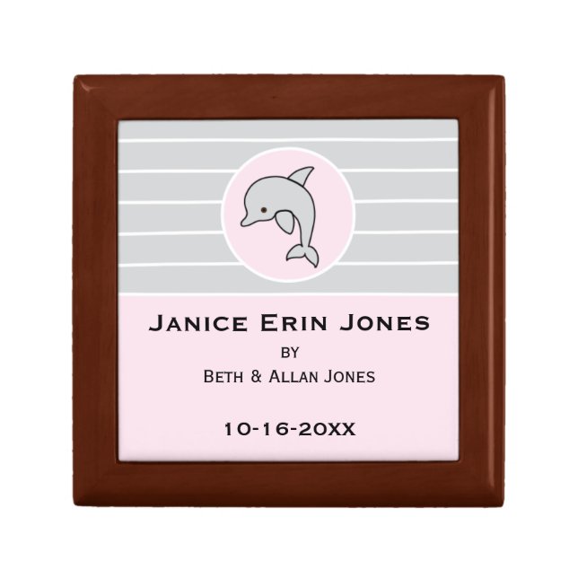 Small Wooden Keepsake Box "Pink/Grey/Dolphin" (Front)