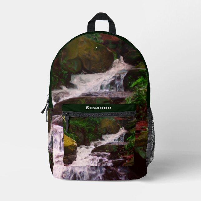 Small Woodland Waterfall Oil Painting Personalized Printed Backpack (Front)