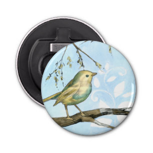 Small Yellow Bird Perched on a Branch Looking up Bottle Opener