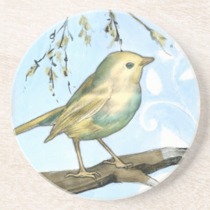 Small Yellow Bird Perched on a Branch Looking up Coaster