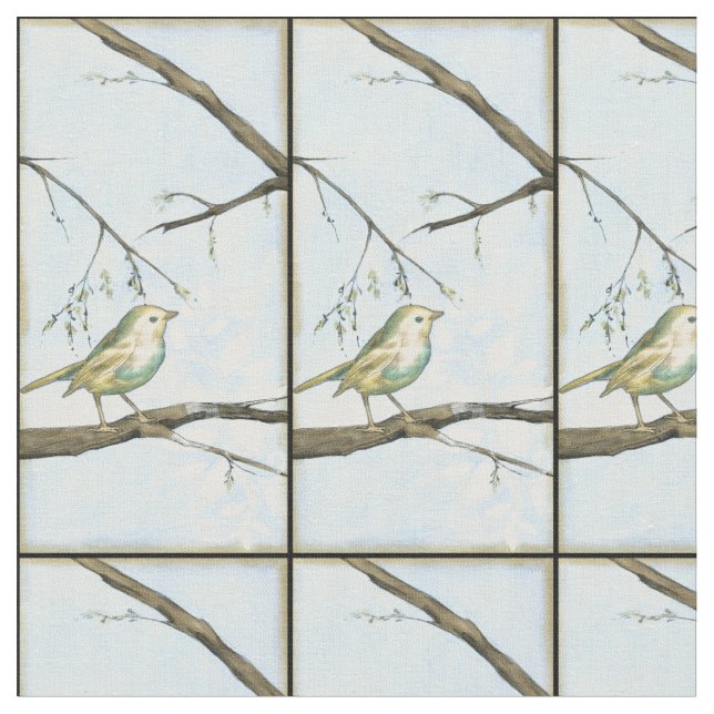 Small Yellow Bird Perched on a Branch Looking up Fabric (Close Up)