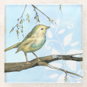 Small Yellow Bird Perched on a Branch Looking up Glass Coaster