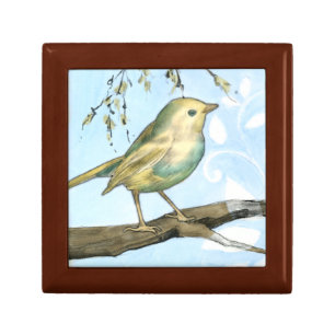 Small Yellow Bird Perched on a Branch Looking up Keepsake Box