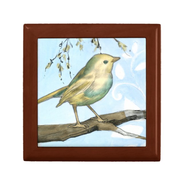 Small Yellow Bird Perched on a Branch Looking up Keepsake Box (Front)