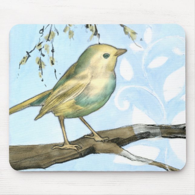 Small Yellow Bird Perched on a Branch Looking up Mouse Pad (Front)