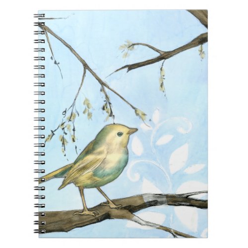 Small Yellow Bird Perched on a Branch Looking up Notebook