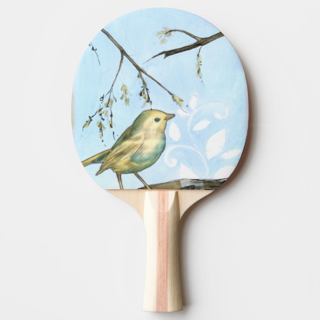 Small Yellow Bird Perched on a Branch Looking up Ping-Pong Paddle (Front)