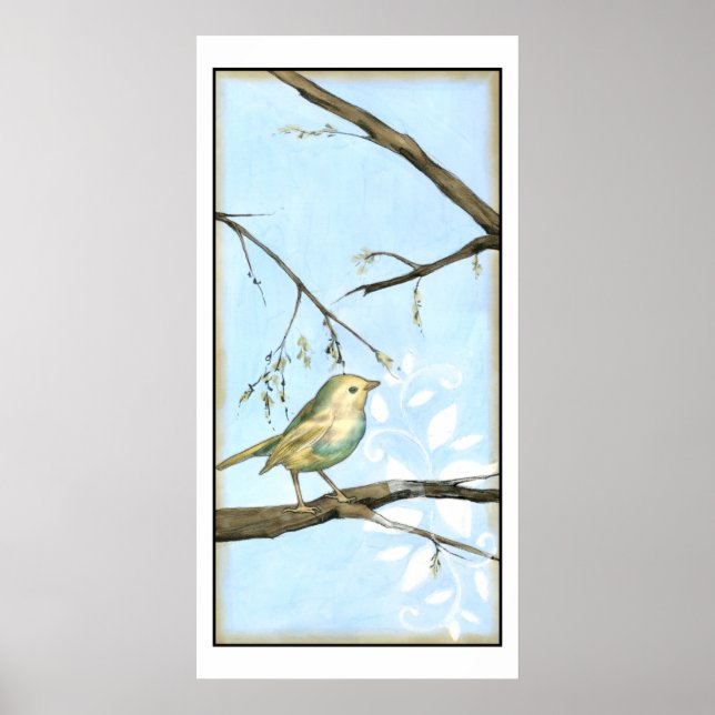 Small Yellow Bird Perched on a Branch Looking up Poster (Front)