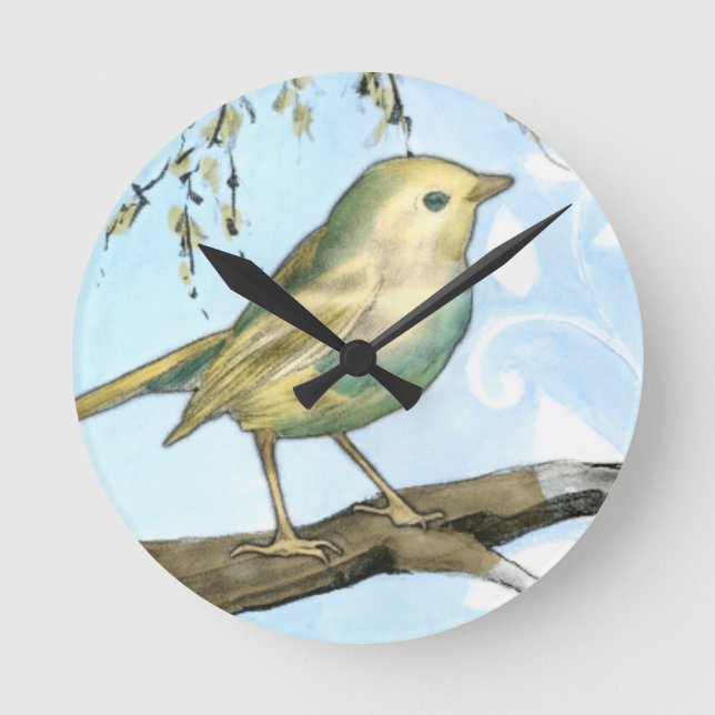 Small Yellow Bird Perched on a Branch Looking up Round Clock (Front)