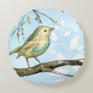 Small Yellow Bird Perched on a Branch Looking up Round Pillow