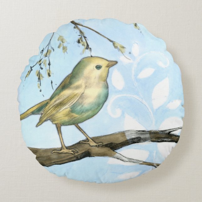 Small Yellow Bird Perched on a Branch Looking up Round Pillow (Front)