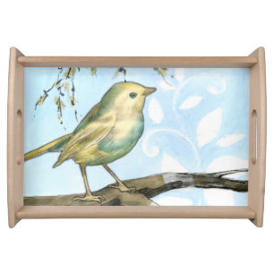 Small Yellow Bird Perched on a Branch Looking up Serving Tray