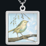 Small Yellow Bird Perched on a Branch Looking up Silver Plated Necklace<br><div class="desc">This painting is perfect for your bird collection. The small yellow bird and blue pastel background of this image are simple yet soothing and could be easily added to any Zazzle product offered. Choose this artprint today.</div>