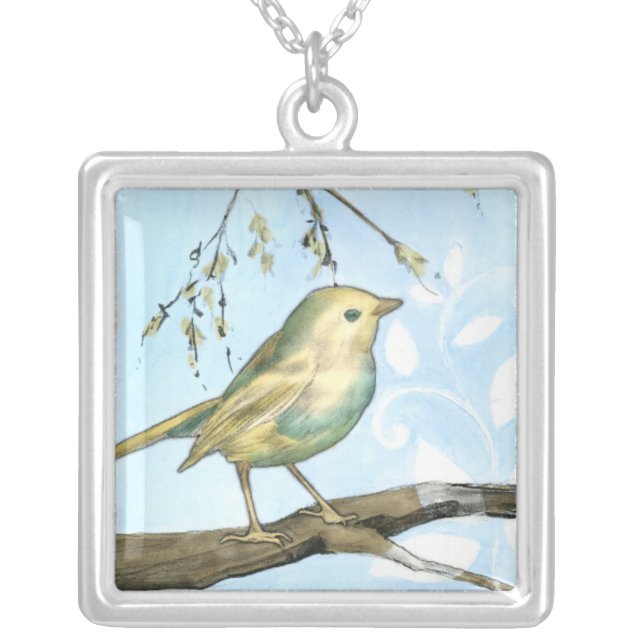 Small Yellow Bird Perched on a Branch Looking up Silver Plated Necklace (Front)