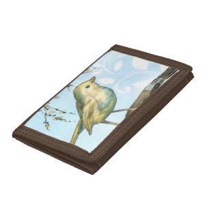 Small Yellow Bird Perched on a Branch Looking up Tri-fold Wallet