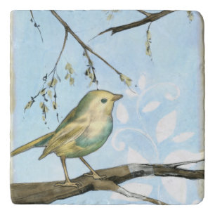 Small Yellow Bird Perched on a Branch Looking up Trivet