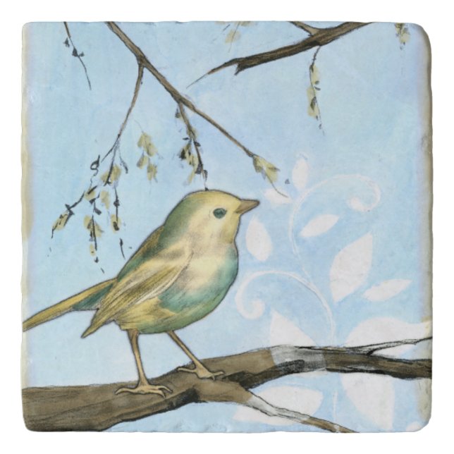 Small Yellow Bird Perched on a Branch Looking up Trivet (Front)