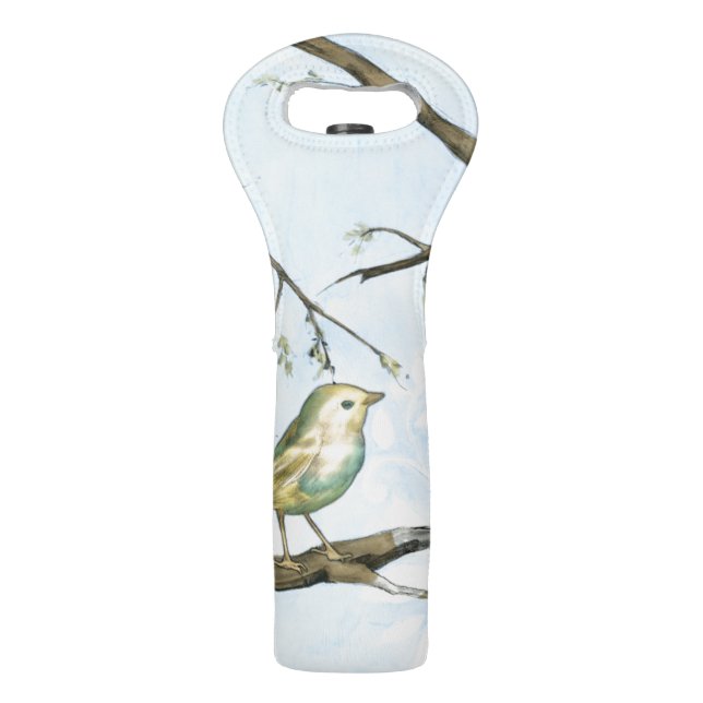 Small Yellow Bird Perched on a Branch Looking up Wine Bag (Back)