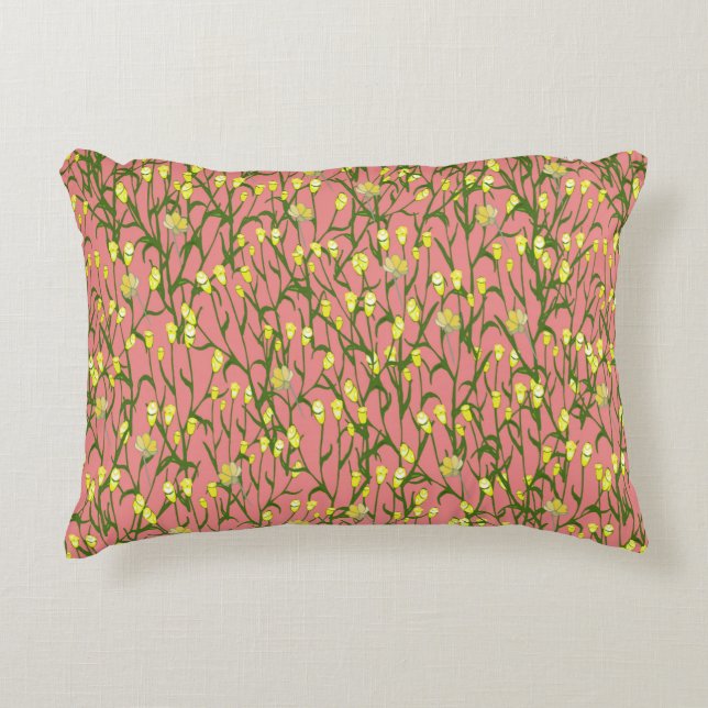 Small yellow flowers and branches on a pink backgr accent pillow (Front)