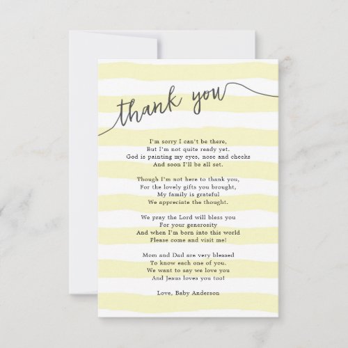 Small yellow stripes neutral baby thank you card