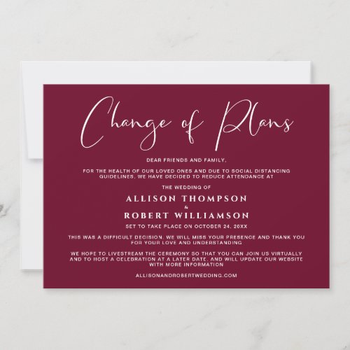 Smaller Downsized Wedding Change of Plans Burgundy Announcement