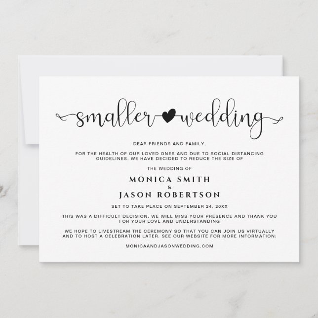 Smaller Downsized Wedding Change of Plans Heart Announcement (Front)