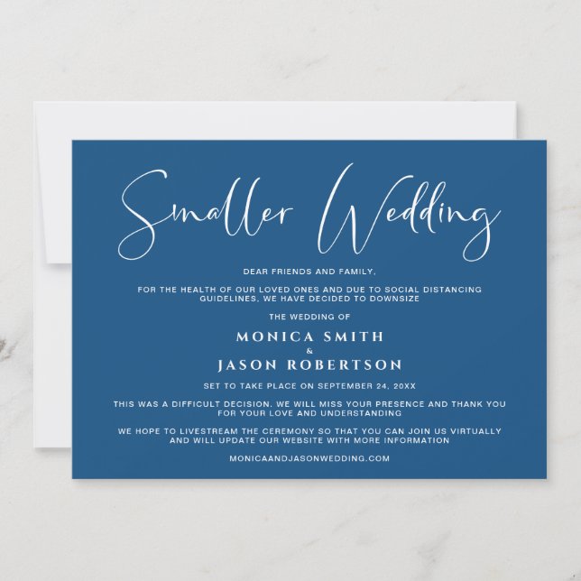 Smaller Downsized Wedding Elegant Classic Blue Announcement (Front)