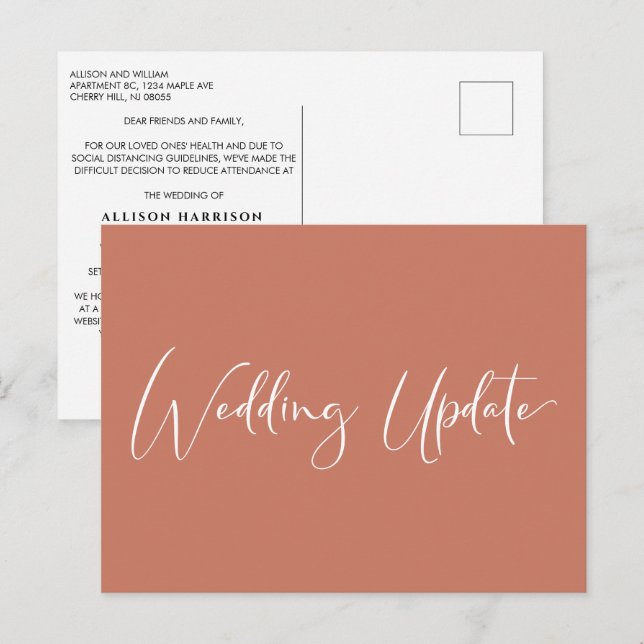 Smaller Reduced Wedding Update Elegant Orange Red Announcement Postcard (Front/Back)