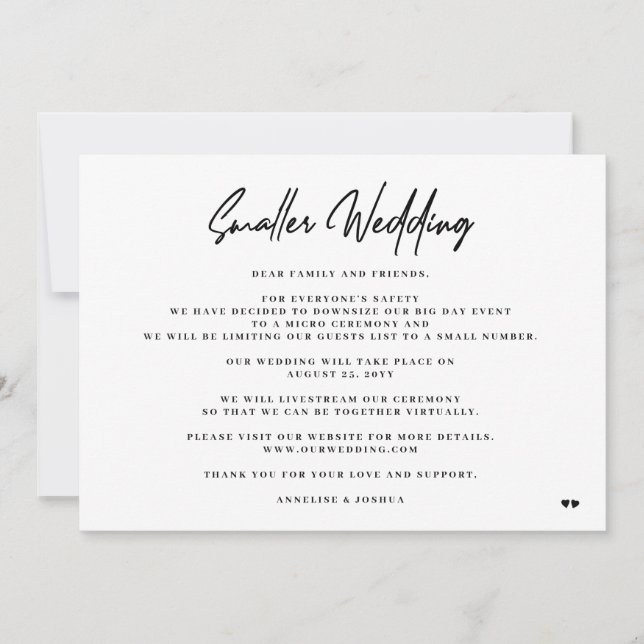 Smaller wedding elegant minimal downsize ceremony announcement (Front)