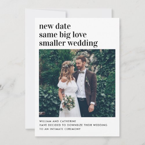 Smaller Wedding New Date Same Love Downsized Photo Announcement
